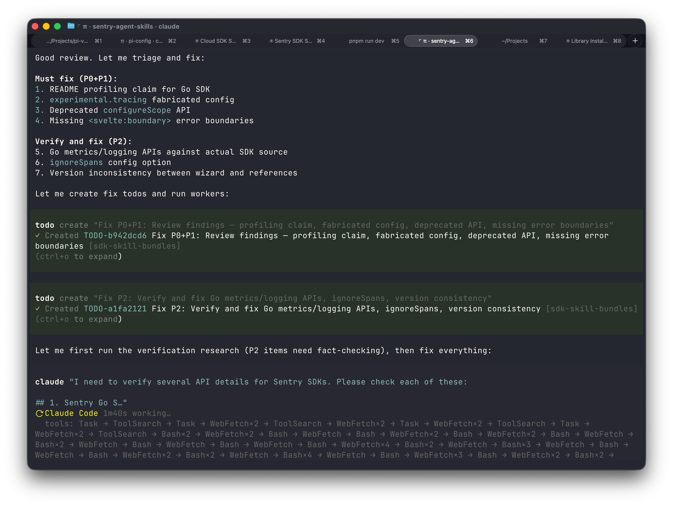 The agent autonomously using the claude tool to fact-check review findings
